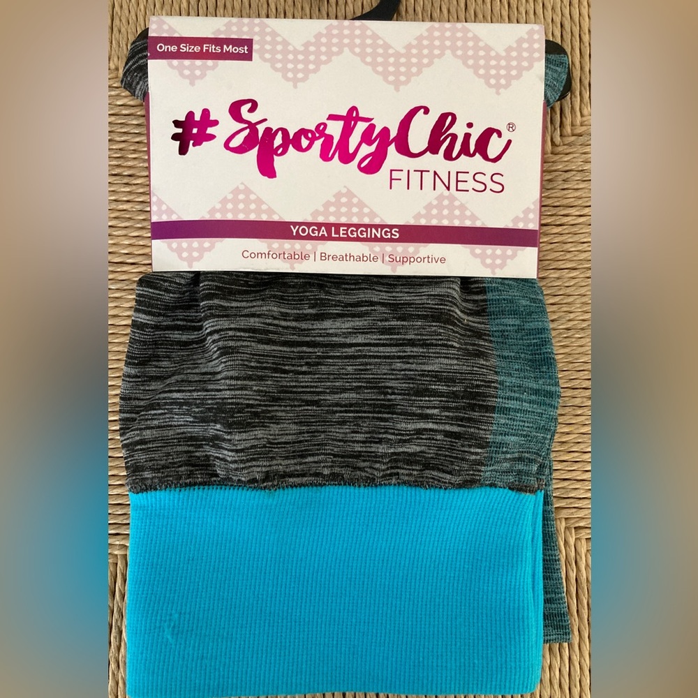 Yoga leggings, one size, NWT, grey and aqua color, stretchy.